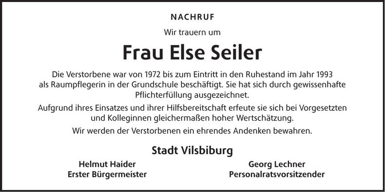 Traueranzeige Else Seiler