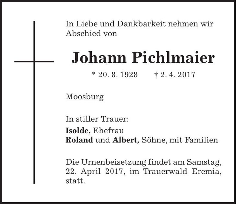 Traueranzeige Johann Pichlmaier