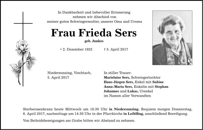 Traueranzeige Frieda Sers