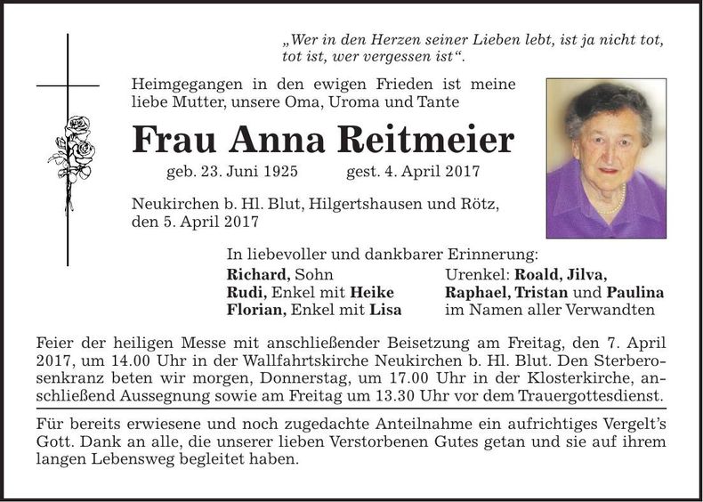 Traueranzeige Anna Reitmeier