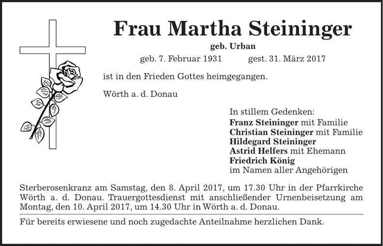 Traueranzeige Martha Steininger