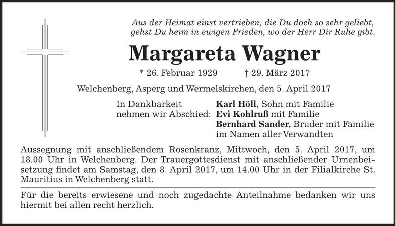 Traueranzeige Margareta Wagner