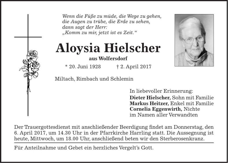Traueranzeige Aloysia Hielscher