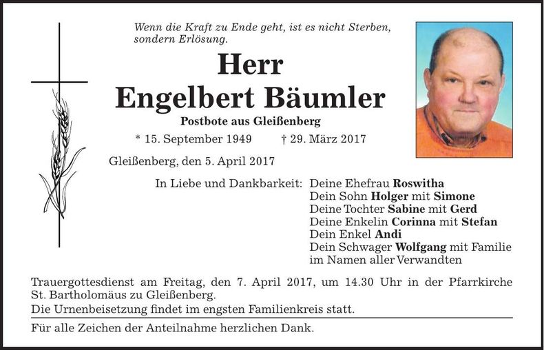 Traueranzeige Engelbert Bäumler