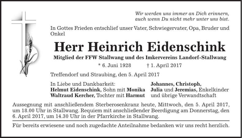 Traueranzeige Heinrich Eidenschink