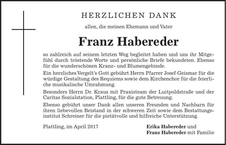 Traueranzeige Franz Habereder