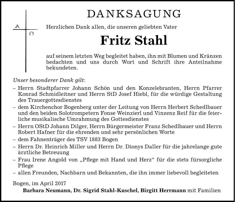 Traueranzeige Fritz Stahl