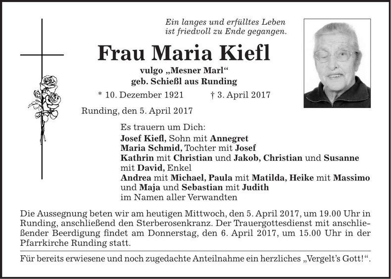Traueranzeige Maria Kiefl