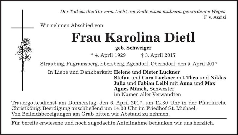 Traueranzeige Karolina Dietl