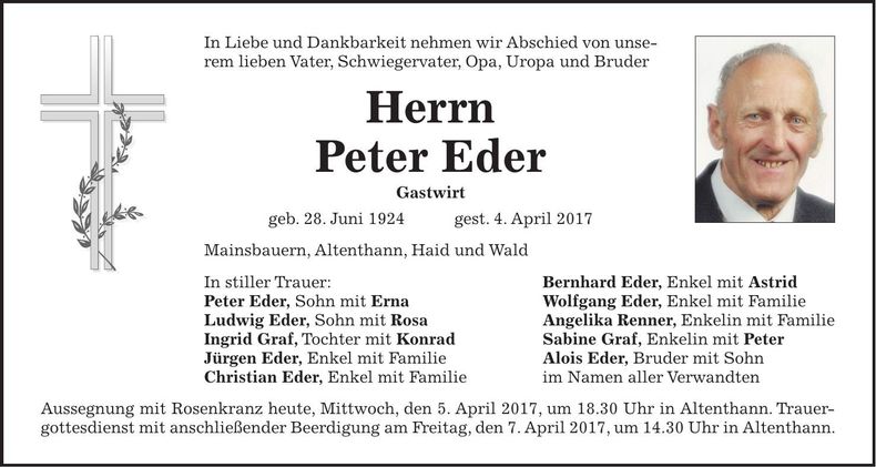 Traueranzeige Peter Eder