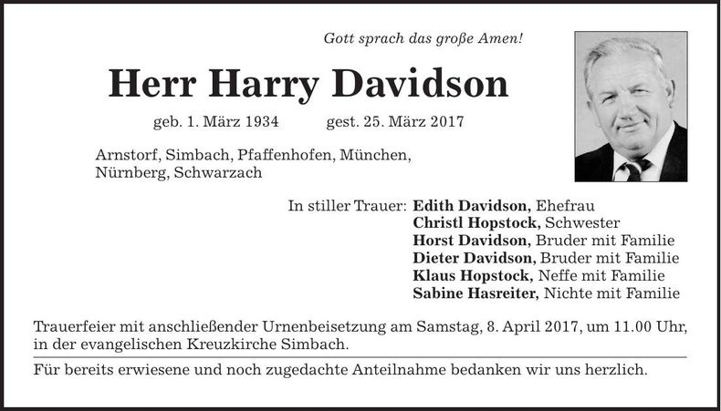 Traueranzeige Harry Davidson
