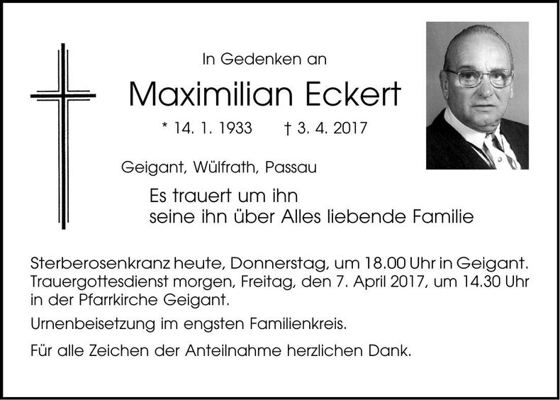 Traueranzeige Maximilian Eckert