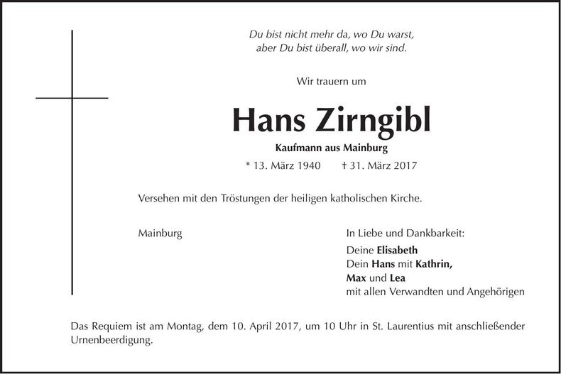 Traueranzeige Hans Zirngibl