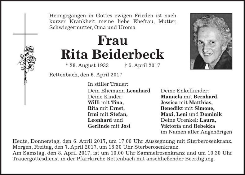 Traueranzeige Rita Beiderbeck