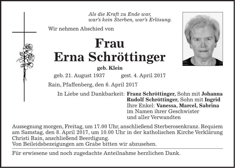 Traueranzeige Erna Schröttinger