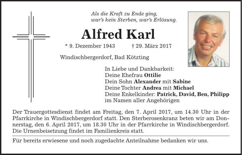 Traueranzeige Alfred Karl