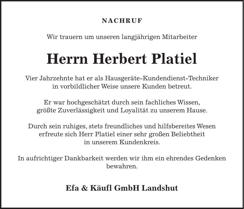 Traueranzeige Herbert Platiel