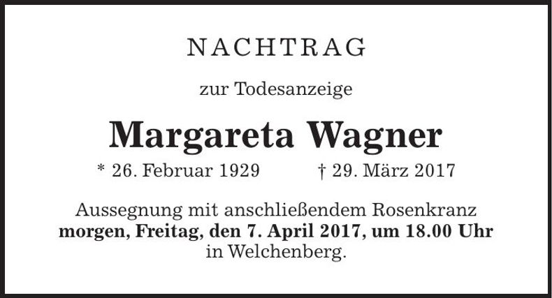 Traueranzeige Margareta Wagner