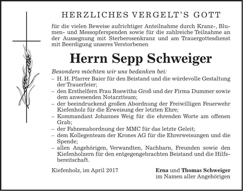 Traueranzeige Sepp Schwieger