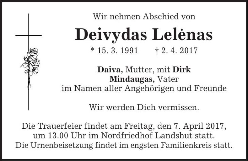 Traueranzeige Deivydas Lelenas