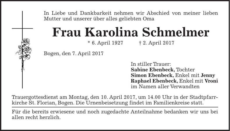 Traueranzeige Karolina Schmelmer