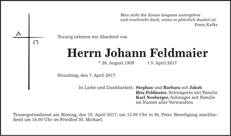 Traueranzeige Johann Feldmaier