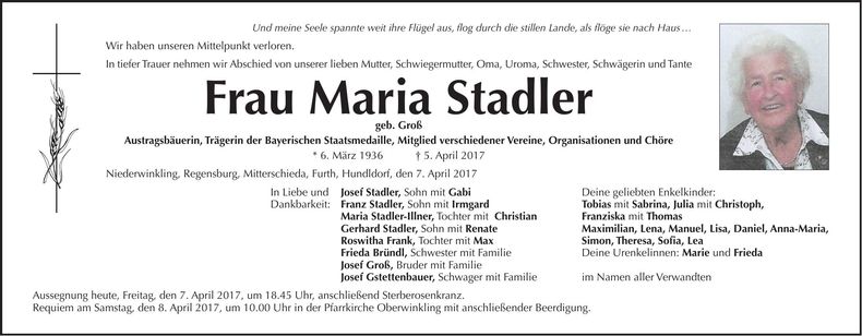 Traueranzeige Maria Stadler