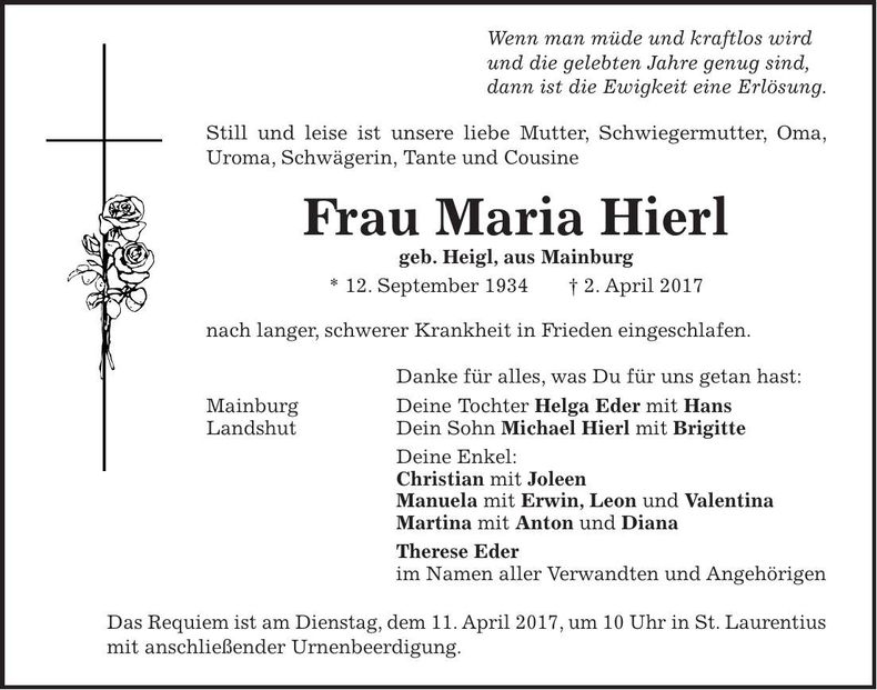 Traueranzeige Maria Hierl