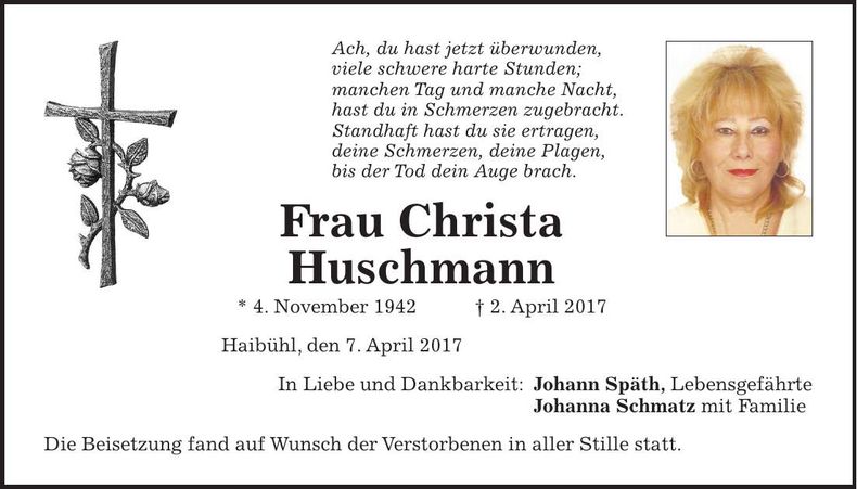Traueranzeige Christa Huschmann