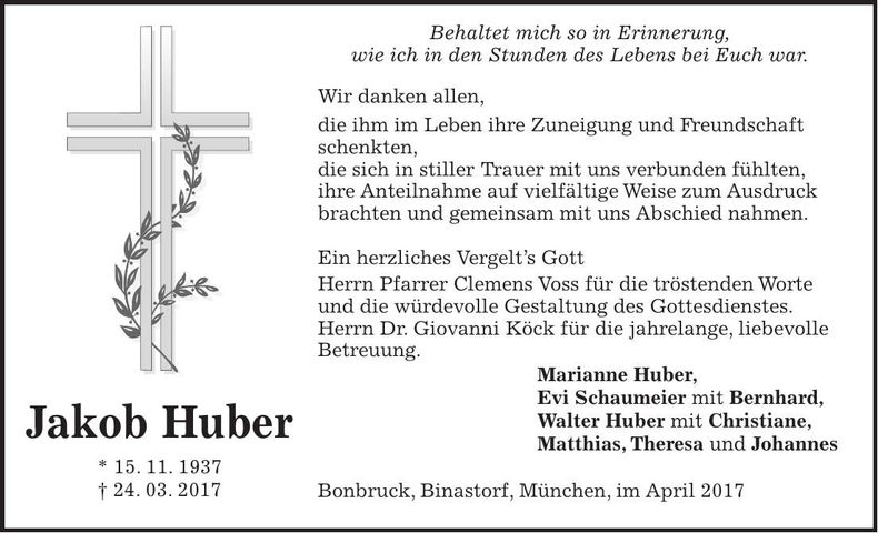 Traueranzeige Jakob Huber