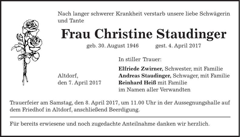 Traueranzeige Christine Staudinger