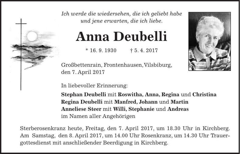 Traueranzeige Anna Deubelli