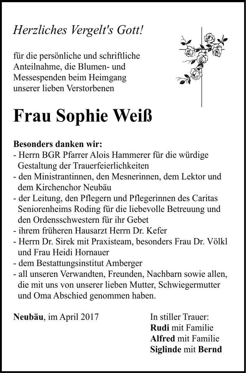 Traueranzeige Sophie Weiß