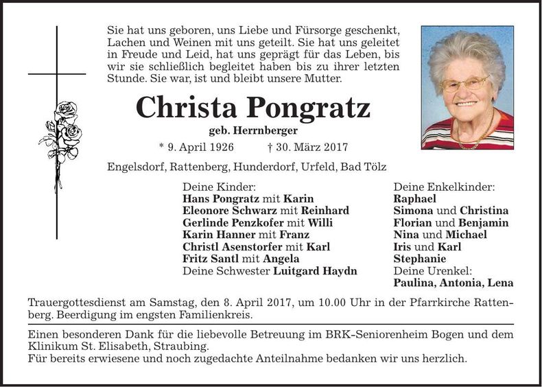 Traueranzeige Christine Pongratz