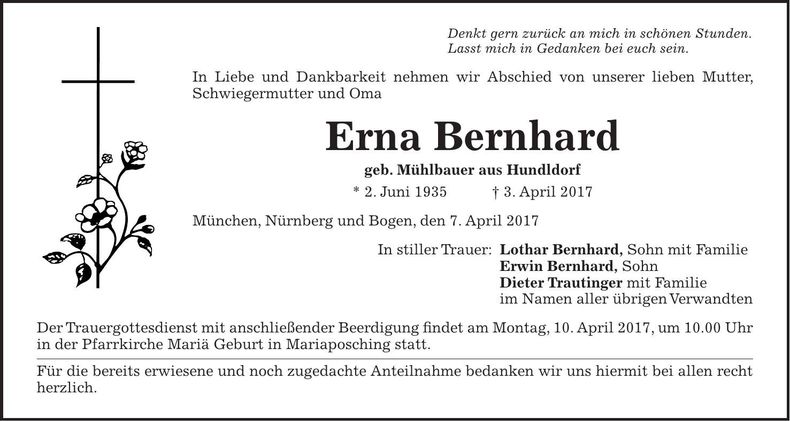 Traueranzeige Erna Bernhard