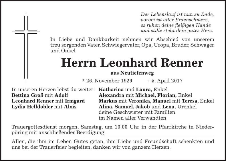 Traueranzeige Leonhard Renner