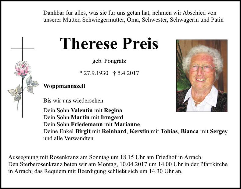 Traueranzeige Therese Preis