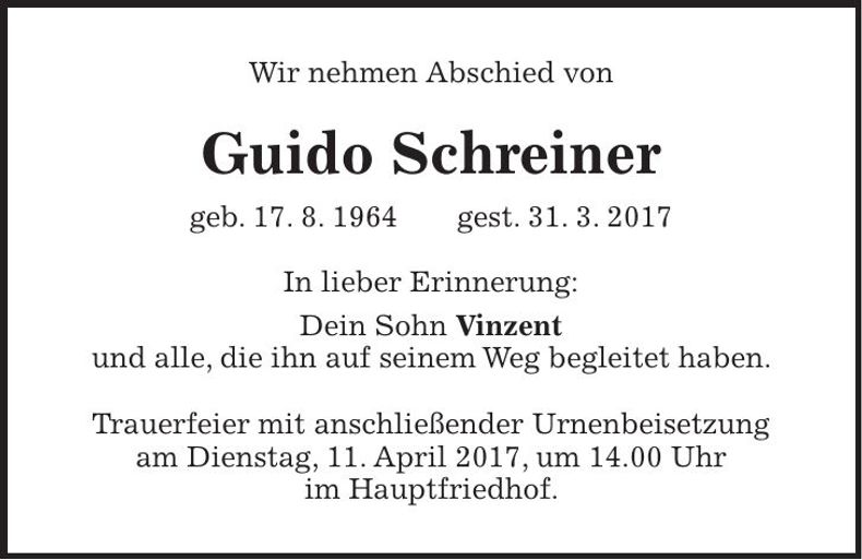 Traueranzeige Guido Schreiner