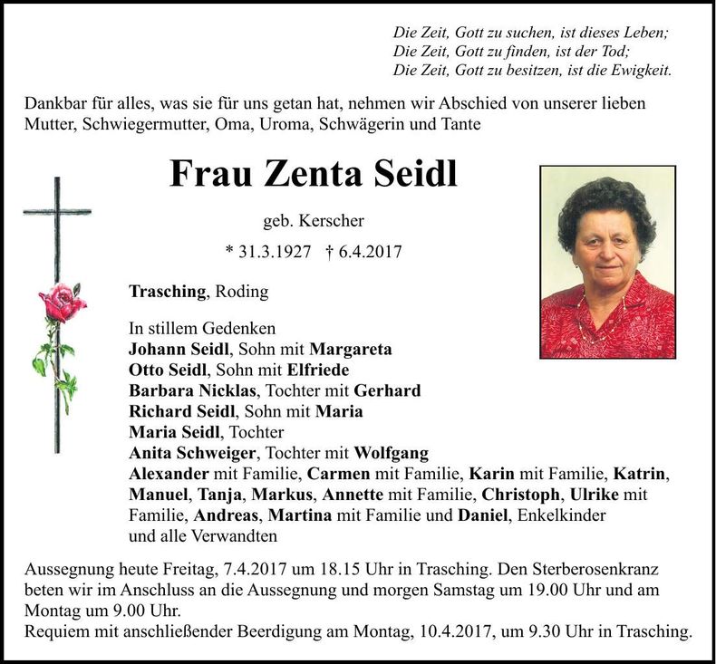 Traueranzeige Kreszenz Seidl