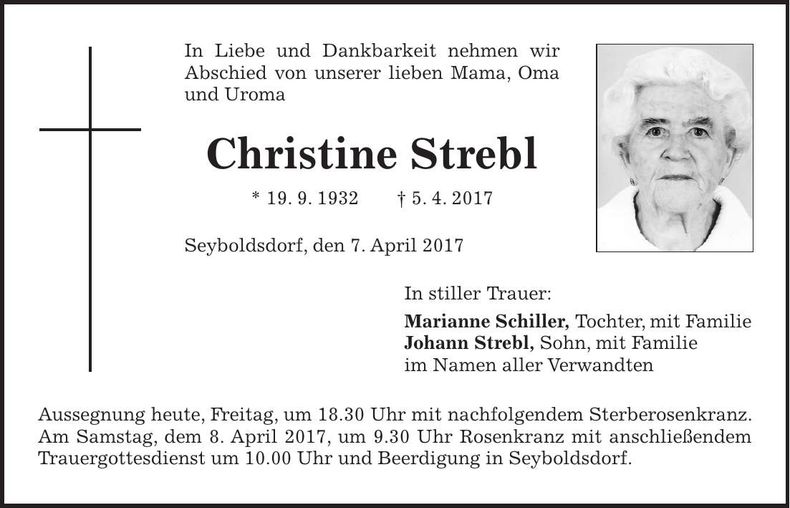 Traueranzeige Christine Strebl