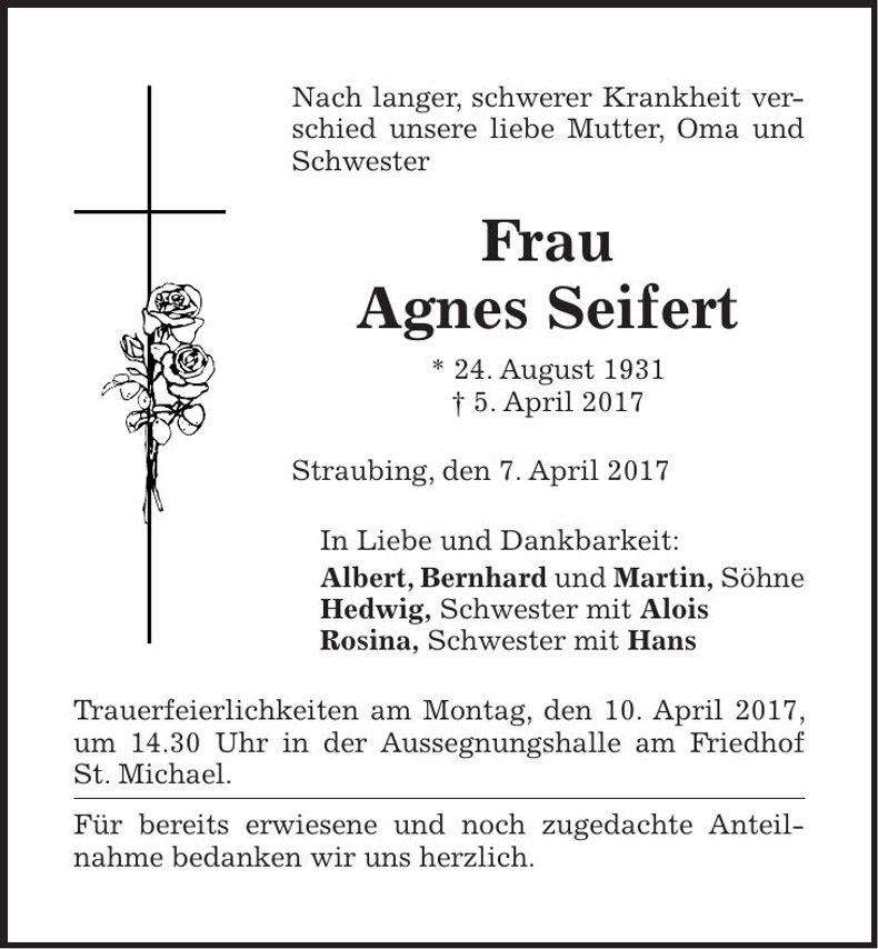 Traueranzeige Agnes Seifert