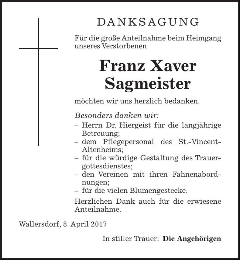 Traueranzeige Franz Xaver Sagmeister