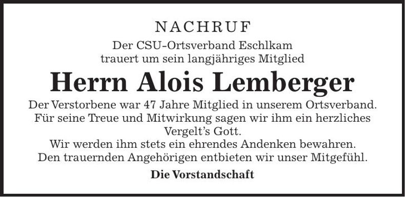 Traueranzeige Alois Lemberger