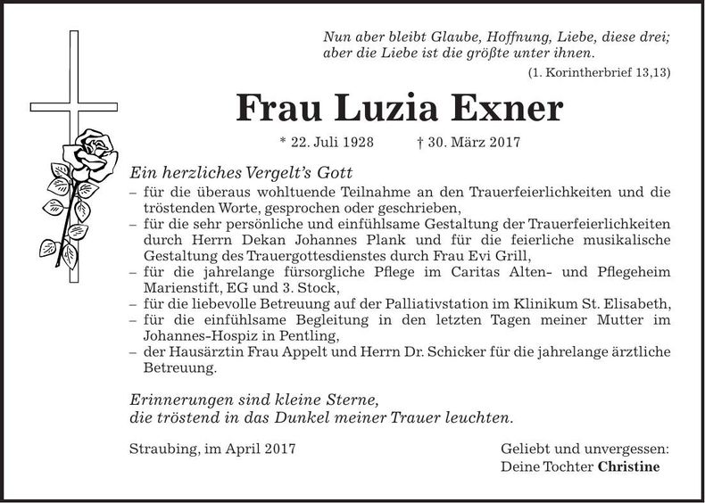 Traueranzeige Luzia Exner