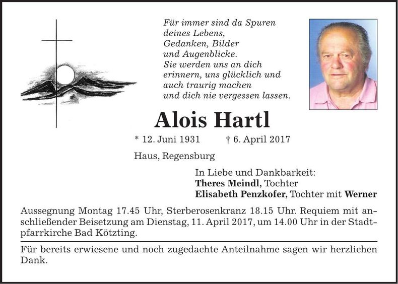 Traueranzeige Alois Hartl