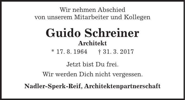 Traueranzeige Guido Schreiner