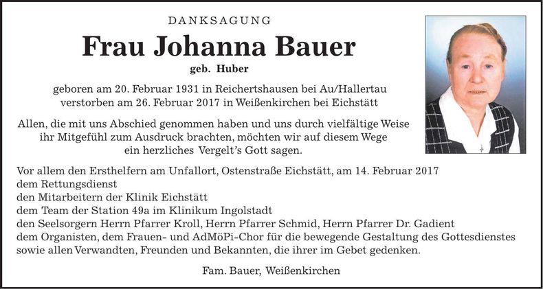 Traueranzeige Johanna Bauer