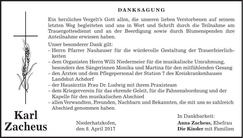 Traueranzeige Karl Zacheus