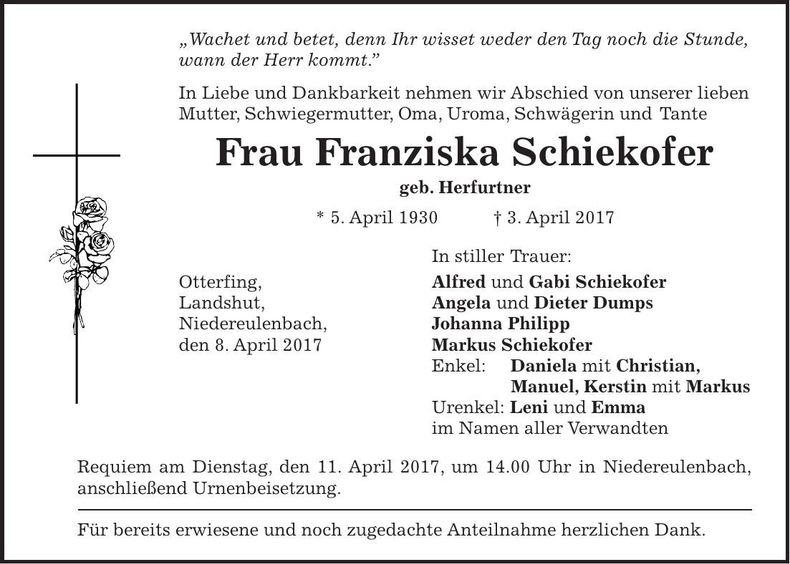 Traueranzeige Franziska Schiekofer