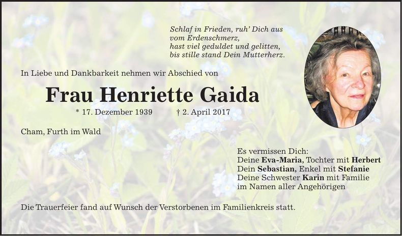 Traueranzeige Henriette Gaida